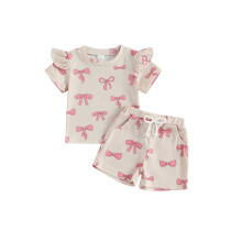 (18-24 Months, Beige) Conjunto verão menina: camiseta curta com estampa de laço e gola redonda, shorts com elástico e tecido waffle.