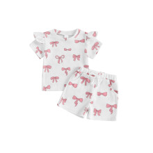 (2-3 Years, White) Conjunto verão menina: camiseta curta com estampa de laço e gola redonda, shorts com elástico e tecido waffle.