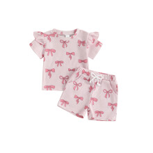 (18-24 Months, Pink) Conjunto verão menina: camiseta curta com estampa de laço e gola redonda, shorts com elástico e tecido waffle.