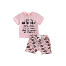 (3-4 Years, Pink) Conjunto de verão 2 peças bebê: camiseta curta com letras e shorts de futebol americano.