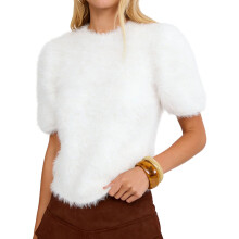 (M, Milky White) Women Knit Sweater Short Sleeve Sweater Crew Neck Backless Tie-up Pullover Tops for Casual Daily