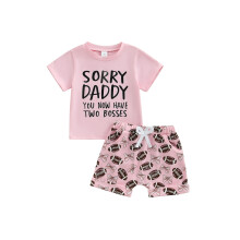 (2-3 Years, Brown) Conjunto de verão 2 peças bebê: camiseta curta com letras e shorts de futebol americano.