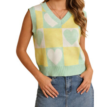 (XL, Yellow) Womens Heart Checkered Vest Sweater Stylish V Neck Sleeveless Crop Knit Tops for Daily Office Party