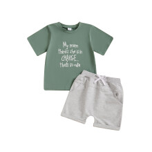 (12-18 Months, Green) Conjunto de verão infantil: camiseta com estampa de letras e shorts com elástico (2 peças)