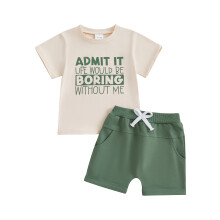 (4-5Y, Beige) Conjunto de verão para meninos: camiseta de manga curta com estampa e shorts com elástico (2 peças)