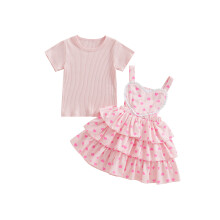 (18-24 Months, Pink) Completo estivo per bambina: top corto e salopette con cuoricini. Abbigliamento kids.