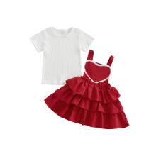 (2-3 Years, Red) Completo estivo per bambina: top corto e salopette con cuoricini. Abbigliamento kids.