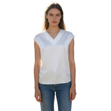 (M, White) Women's Satin Tops Elegant Solid Color Short Sleeve V Neck Blouse for Casual Daily Wear