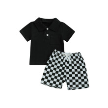 (18-24 Months, Black) Conjunto de verão para meninos: blusa de manga curta com gola e shorts xadrez com elástico.