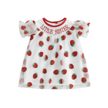 (18-24 Months, Red) Kislány ruha, rövid ujjú, virágos/eper hímzéses betűs hercegnős tüll ruha hétköznapi használatra