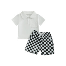 (12-18 Months, White) Conjunto de verão para meninos: blusa de manga curta com gola e shorts xadrez com elástico.