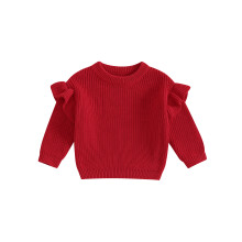 (3-6 Months, Red) Dívčí jarní pletený svetr s dlouhým rukávem a výstřihem do O, jednobarevný svetr s pletenými vzory