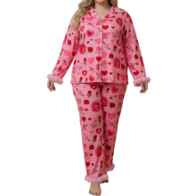 (XL, Pink) Women Pajama Set, Heart Print Long Sleeve Top with Pants Sleepwear Loungewear for Valentine's Day