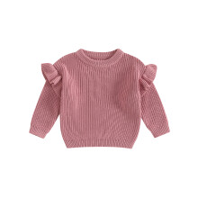 (6-9 Months, Dark Pink) Dívčí jarní pletený svetr s dlouhým rukávem a výstřihem do O, jednobarevný svetr s pletenými vzory