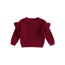 (6-9 Months, Wine Red) Dívčí jarní pletený svetr s dlouhým rukávem a výstřihem do O, jednobarevný svetr s pletenými vzory