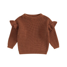 (3-4 Years, Brown) Maglione da bambina in maglia con volant, maniche lunghe, scollo rotondo, tinta unita, pullover per bambini
