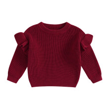 (4-5 Years, Wine Red) Maglione da bambina in maglia con volant, maniche lunghe, scollo rotondo, tinta unita, pullover per bambini