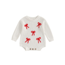 (3-6 Months, White) Tutina primaverile in maglia per bambina, maniche lunghe, scollo rotondo, ricamo a fiocco.
