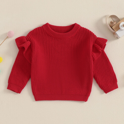 (4-5 Years, Red) Strickpullover für Kleinkinder, Mädchen, Rüschen, Langarm, Rundhalsausschnitt, einfarbig, Kinderoberteil 2