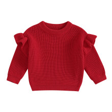 (3-4 Years, Red) Dětské pletené svetry pro batolata a dívky, s dlouhým rukávem, kulatým výstřihem a volánkem.