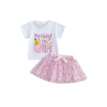 (18-24 Months, Pink) Narodeninové oblečenie pre batoľatá, tričko s krátkym rukávom a trblietavou sukňou, sada 2 kusov