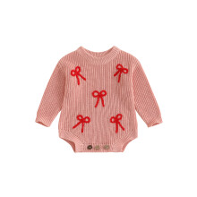 (6-12 Months, Pink) Dívčí jarní pletený svetr s dlouhým rukávem, kulatým výstřihem, mašlí a výšivkou