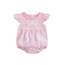(12-18 Months, Pink) Tyttövauvojen kesähaalari ruudullinen kuvio rusetti kirjonta miehistön kaula-aukko lentävät hihat vauvan haalari