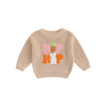 (12-18 Months, Khaki) Dětské velikonoční svetry s dlouhým rukávem, kulatým výstřihem a písmenem, žebrovaný, hrubě pletený svetr