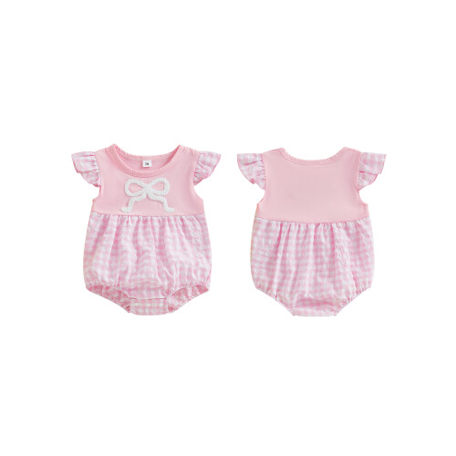 (3-6 Months, Pink) Βρεφική φόρμα με σχέδιο καρό και φιόγκο για μωρά για κορίτσια 1