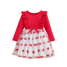 (4-5 Years, Red) Valentinstagskleid für kleine Mädchen, Herzmuster, lange Ärmel, Rundhalsausschnitt, Tüll-Patchwork, A-Linie
