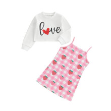 (6-7 Years, Pink) Valentinstags-Outfit für Mädchen: Langarm-Crop-Top + Spaghettiträgerkleid mit Erdbeerprint (2-teilig)