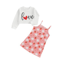 (3-4 Years, Red) Valentinstags-Outfit für Mädchen: Langarm-Crop-Top + Spaghettiträgerkleid mit Erdbeerprint (2-teilig)