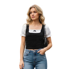(M, Black) Women's Square Neck Tops Casual Short Puff Sleeve Frill Trim Slim Fit Cropped Tees Clubwear