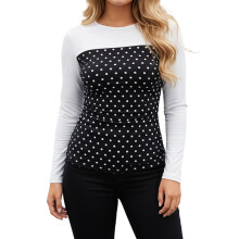 (S, Black) Women's Slim Fit Tops Fashionable Dot Print Long Sleeve Round Neck Blouse for Casual Daily Wear