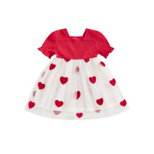 (6-12 Months, Red) Tüllkleid für Mädchen, Herzchen, kurze Ärmel, eckiger Ausschnitt, A-Linie, Frühlingskleid für Valentinstag