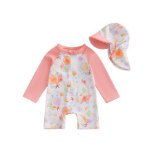 (6-12 Months, Pink) Taaperotyttöjen ihottumavartiuimapuku hatulla, 2 kpl, simpukkakuviolla, vetoketju, pitkähihainen.