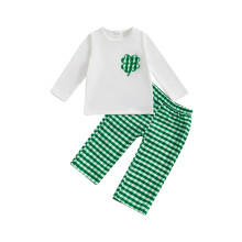 (18-24 Months, White) Setje voor peutermeisjes met Ierse thema's: topje met lange mouwen en klaverborduurwerk, geruite broek.
