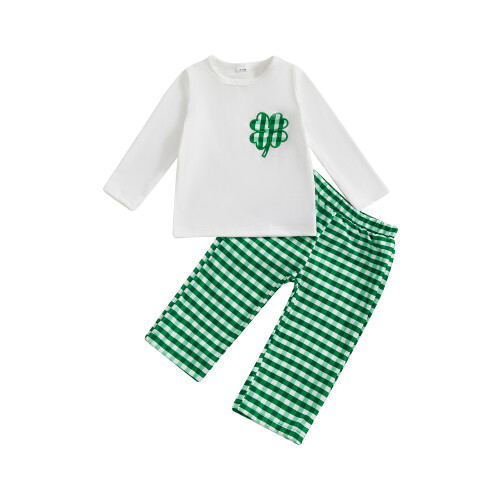 (18-24 Months, White) Σετ Παντελονιών για Νήπια με Μακρυμάνικο και Κεντημένο Τριφύλλι
