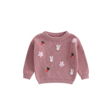 (18-24 Months, Pink) Dziewczęcy sweter wielkanocny z długim rękawem i okrągłym dekoltem, haftowanym króliczkiem i marchewką