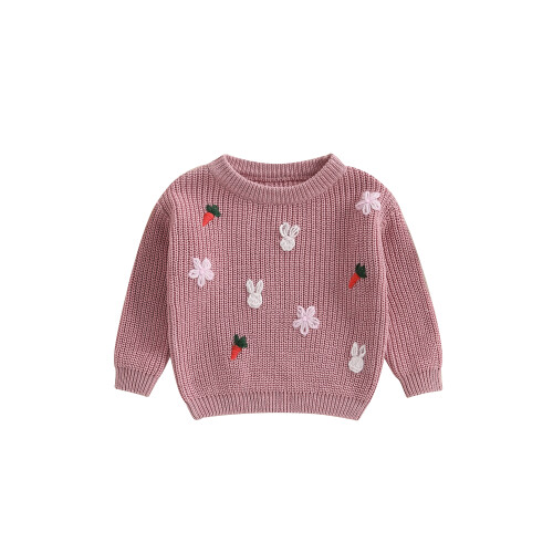 (18-24 Months, Pink) Κορίτσια Πλεκτό Πουλόβερ Με Λαγουδάκι Και Καρότο Κέντημα