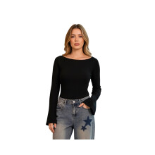 (S, Black) Women's Tie-up Backless Tops Long Sleeve Boat Neck Slim Fit T-Shirts Spring Fall Blouses