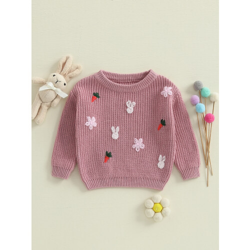 (6-9 Months, Pink) Κορίτσια Πλεκτό Πουλόβερ Με Λαγουδάκι Και Καρότο Κέντημα 2