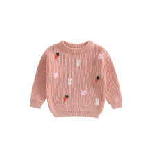 (3-6 Months, Multicolor) Dziewczęcy sweter wielkanocny z długim rękawem i okrągłym dekoltem, haftowanym króliczkiem i marchewką