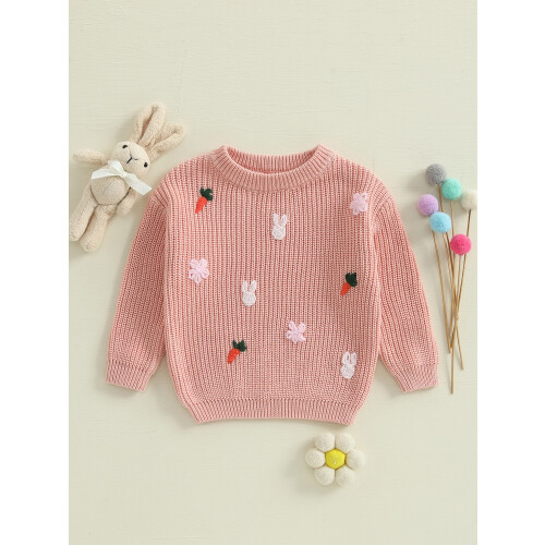 (9-12 Months, Multicolor) Κορίτσια Πλεκτό Πουλόβερ Με Λαγουδάκι Και Καρότο Κέντημα 1