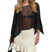(L, Black) Women's Shawl Ponchos Off Shoulder Dots Print Sheer Mesh T-Shirts Summer Tunic Tops