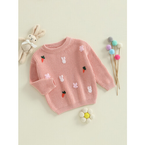 (9-12 Months, Multicolor) Κορίτσια Πλεκτό Πουλόβερ Με Λαγουδάκι Και Καρότο Κέντημα 2