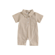 (3-6 Months, Lotus Color) Tutina estiva a quadri per neonato, maniche corte, colletto risvoltato, chiusura con bottoni, tutina casual
