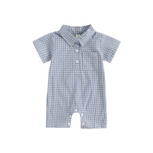 (6-12M, Blue) Tutina estiva a quadri per neonato, maniche corte, colletto risvoltato, chiusura con bottoni, tutina casual