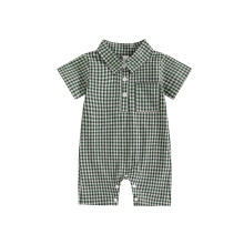 (6-12M, green) Tutina estiva a quadri per neonato, maniche corte, colletto risvoltato, chiusura con bottoni, tutina casual