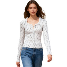 (M, White) Womens Tops Fall Long Sleeve Scoop Neck Fashion Dot Print Ruffle Trim Decor Slim Fit Shirts